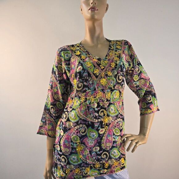 Colorful Floral Paisley Tunic with Embroidery Sz M Ethnic Tribal Vibe - Picture 1 of 7